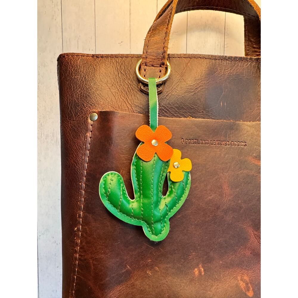 Vegan Leather Flower Cactus Keychain Purse Charm Boho Green Keychain Fast Ship - Picture 2 of 5